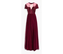 Embellished tulle-paneled silk-blend chiffon and crepe de chine gown - Burgundy