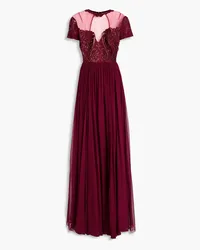 Zuhair Murad Embellished tulle-paneled silk-blend chiffon and crepe de chine gown - Burgundy Burgundy