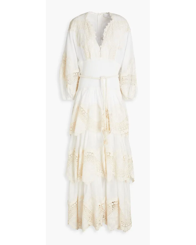 Zimmermann Crocheted lace-trimmed tiered ramie-gauze maxi dress - White White