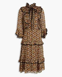 Mikael Aghal Ruffled floral-print jacquard midi dress - Brown Brown