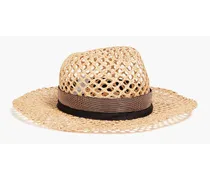 Bead-embellished grosgrain-trimmed raffia sun hat - Neutral
