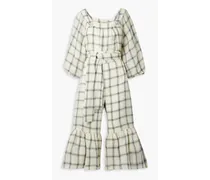 Cropped belted checked linen jumpsuit - White