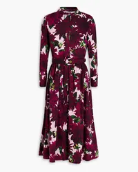 Oscar de la Renta Belted floral-print stretch-cotton poplin midi dress - Purple Purple