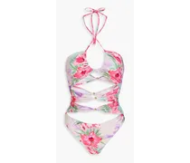 Cutout knotted floral-print halterneck bandeau swimsuit - Pink