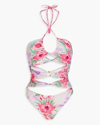 Maje Cutout knotted floral-print halterneck bandeau swimsuit - Pink Pink