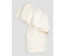 One-shoulder ruched satin-twill mini dress - White