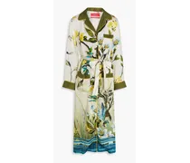 Belted floral-print silk charmeuse midi shirt dress - Green