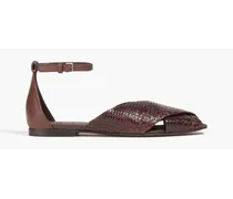 Bead-embellished snake-effect leather sandals - Brown