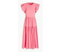 Ruffled tiered stretch-cotton poplin midi dress - Pink