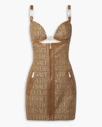 Versace Embellished leather-trimmed cutout canvas-jacquard mini dress - Brown Brown