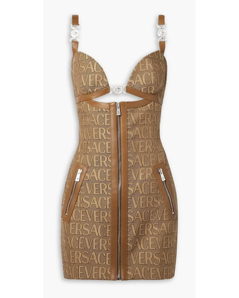 Versace Embellished leather-trimmed cutout canvas-jacquard mini dress - Brown Brown