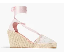 Satin and leather-trimmed crochet-knit wedge espadrilles - Pink
