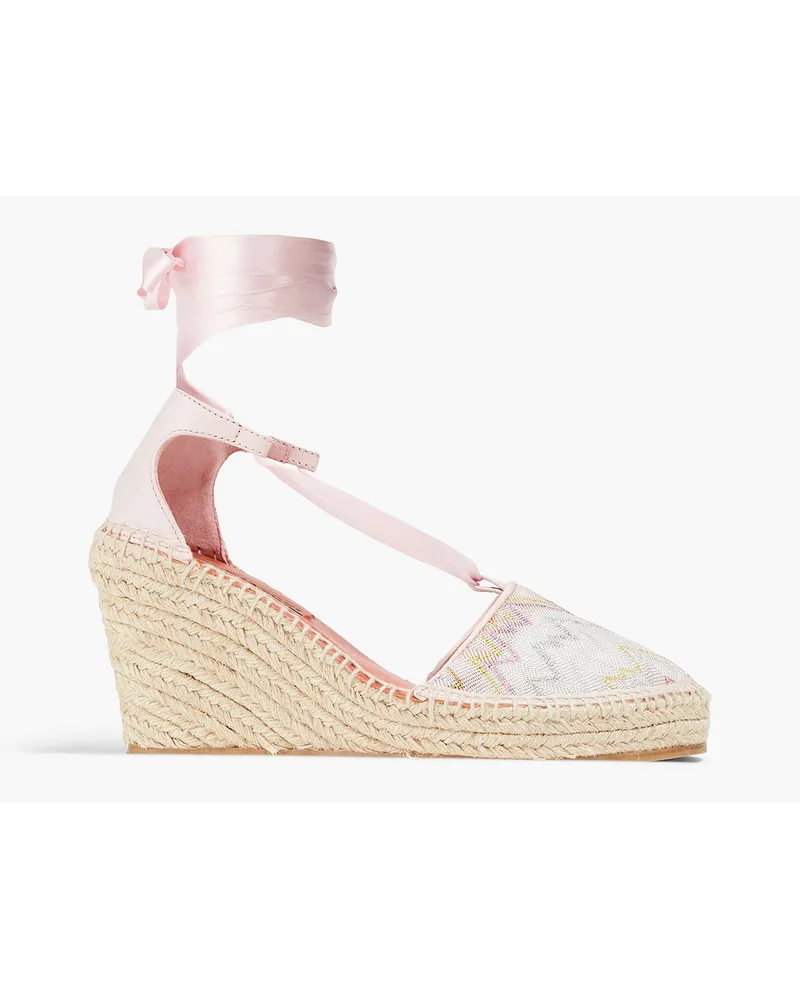 Missoni Satin and leather-trimmed crochet-knit wedge espadrilles - Pink Pink