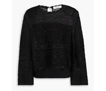 Bead-embellished pointelle-knit cotton-blend sweater - Black