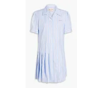 Pleated striped cotton-poplin mini shirt dress - Blue