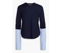 Cotton blend poplin-paneled merino wool sweater - Blue