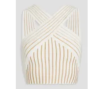 Cropped metallic ribbed-knit halterneck top - White