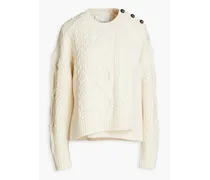 Embellished wrap-effect cable-knit wool-blend sweater - White
