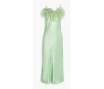Boheme feather-trimmed satin midi slip dress - Green