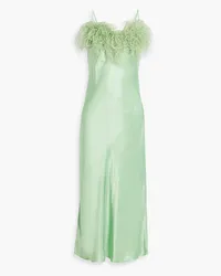 SLEEPER Boheme feather-trimmed satin midi slip dress - Green Green