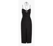 Crystal-embellished ruched linen-blend midi dress - Black