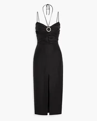 RASARIO Crystal-embellished ruched linen-blend midi dress - Black Black