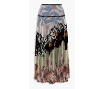 Pleated lace and printed silk crepe de chine maxi skirt - Blue