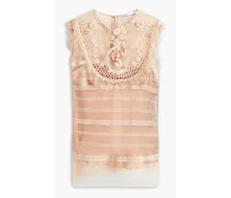Crocheted lace-paneled point d'esprit top - Pink