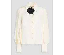 Floral-appliquéd silk crepe de chine blouse - White