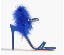 Feather-embellished suede sandals - Blue