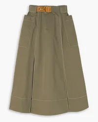 Tory Burch Leather-trimmed belted pleated cotton-twill midi skirt - Green Green