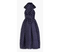 Polka-dot linen and silk-blend halterneck midi dress - Blue