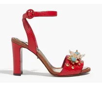 Embellished lizard-effect leather sandals - Red