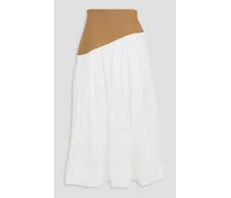 Linen-paneled broderie anglaise cotton midi skirt - White
