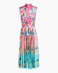 Saloni Fleur pleated printed satin-jacquard midi dress - Pink Pink