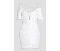 Cold-shoulder cutout ruched satin mini dress - White