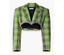 Cropped embellished checked wool-blend blazer - Green