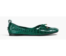 Le Sunset bow-detailed croc-effect leather ballet flats - Green