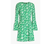 Floral-print plissé-crepe mini dress - Green