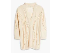 Embellished metallic pointelle-knit linen-blend cardigan - White