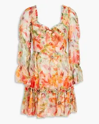 Marchesa Ruffled floral-print chiffon mini dress - Orange Orange