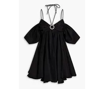 Cold-shoulder crystal-embellished gathered linen-blend mini dress - Black