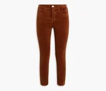 Cropped cotton-blend velvet skinny pants - Brown