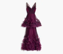 Tiered floral-appliquéd tulle gown - Purple