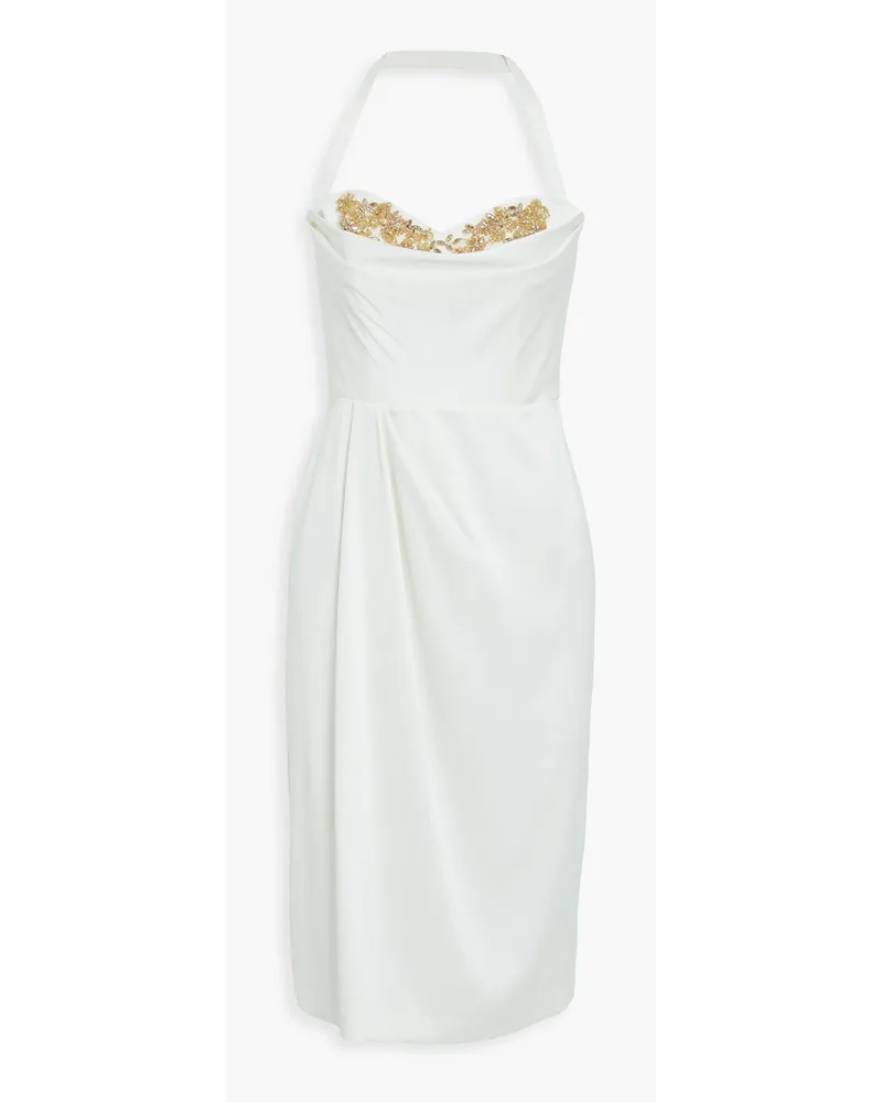 Embellished draped pleated crepe halterneck dress - White