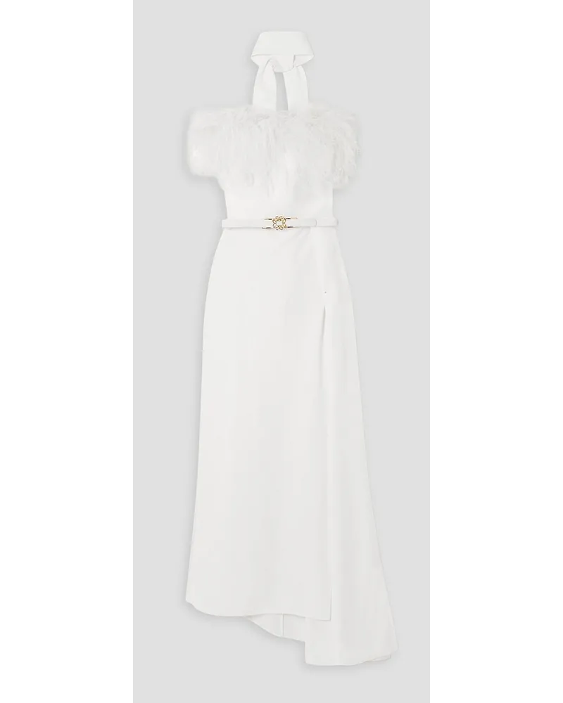 Elie Saab Draped feather-trimmed crepe gown - White White