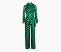Clyde wrap-effect polka-dot satin-jacquard wide-leg jumpsuit - Green