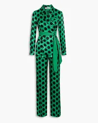 Diane von Furstenberg Clyde wrap-effect polka-dot satin-jacquard wide-leg jumpsuit - Green Green