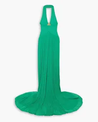 Balmain Embellished halterneck plissé-knitted gown - Green Green