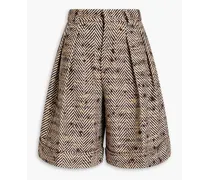 Pleated herringbone bouclé-tweed shorts - Brown